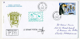 TAAF - Env. Affr 0,46e Manchot Empereur - St Martin De Vivies St Paul Ams 1/5/2003 - RV Cottin, Gérant Postal - Storia Postale