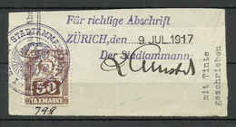 Schweiz Switzerland Stadt Zürich O 1917 Taxmarke Gebührenmrke Local Tax Auf Dokumentausschnitt - Fiscali