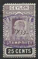 UK  Ceylan    Fiscal Edouard  VII  25 Cents Violet Et Noir   Oblitéré  B   Voir Scans   Soldé ! ! ! - Ceylon (...-1947)