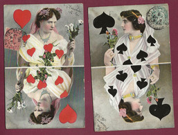 060123 - 2 Cartes Postales - Carte à Jouer Femme De Coeur Et Femme De Pique - Playing Card Jeu De Cartes - Spielkarten