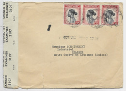 CONGO BELGE 1FR25 BANDE DE 3 LETTRE COVER LEOPOLDVILLE 1945 TO GENEVE SUISSE CENSURE CONGO BELGE ET ENGLAND - Lettres & Documents