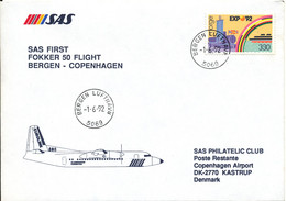 Norway Cover First SAS Fokker 50 Flight Bergen - Copenhagen 1-6-1992 - Cartas & Documentos