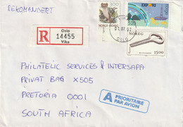 Norway Cover Registered South Africa - 1992 1989 1982 -  Fauna Ermine Expo 92 Seville Mountains Boat And Fish Munnharpe - Lettres & Documents