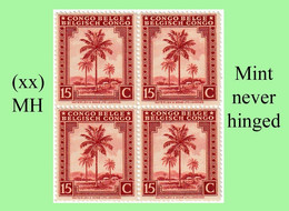 1942 ** BELGIAN CONGO / CONGO BELGE = COB 250 MNH RED BROWN PALM TREE : BLOC OF -4- STAMPS WITH ORIGINAL GUM - Blocks & Kleinbögen