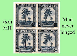 1942 ** BELGIAN CONGO / CONGO BELGE = COB 231 MNH RED LILAC PALM TREE : BLOC OF -4- STAMPS WITH ORIGINAL GUM - Blocchi