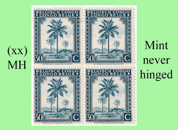 1942 ** BELGIAN CONGO / CONGO BELGE = COB 233 MNH BLUE PALM TREE : BLOC OF -4- STAMPS WITH ORIGINAL GUM - Blokken