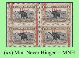 1922 ** BELGIAN CONGO / CONGO BELGE = COB 101 OLIVE ELEPHANT : BLOC OF -4- STAMPS WITH ORIGINAL GUM - Neufs