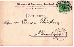 56330 - Deutsches Reich - 1896 - 5Pfg Krone&Adler EF A Kte LEIPZIG-RIESA-DRESDEN BAHNPOST ... -> HAMBURG - Storia Postale
