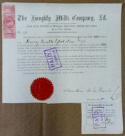 BRITISH INDIA 1882 THE HOOGHLY MILLS COMPANY LIMITED, DEBENTURE CERTIFICATE WITH INTEREST COUPON ATTACHED....RARE - Industrie