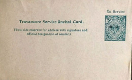 India, Travancore State, 6c Overprint On Five Cash Postal Card, Unpriced In DESCHL Catalogue, Rare, Mint Inde - Travancore