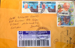 BRAZIL 2022, COVER USED TO INDIA, REGISTER , 2007, 2013, RELIGION, POPE VISIT STAMP, BOTUCATU CITY &  MAP BLUE METER CAN - Covers & Documents