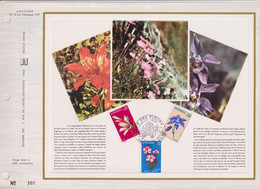 Andorre Série Des Fleurs: Lis Oeillet Ancolie N°229 230 231  Andorre La Vieille 7 Juillet 1973 Encart Perforé 1er Jour - Cartas & Documentos