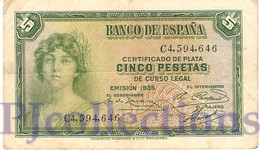 SPAIN 5 PESETAS 1935 PICK 85a VF - 5 Peseten