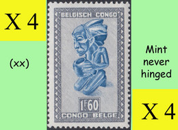 1947 ** BELGIAN CONGO / CONGO BELGE = COB 286-B MNH MASKS & CARVINGS : BLOCK OF -4- STAMPS WITH ORIGINAL GUM - Blokken