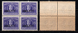 TRIESTE - AMGFTT - 1949 - 15 LIRE SOVRASTAMPA SU UNA RIGA - QUARTINA - MNH - Fiscales