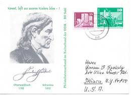 56372 - DDR - 1982 - 10Pfg Gr.Bauten PGAKte "Friedrich Froebel" M ZusFr BERGEN -> Ithaca, NY (USA) - Storia Postale
