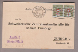 CH Portofreiheit 1922-01-10 Bern1 Portofreiheit-Postkarte Mit 2x5Rp. Zu#4A Kl#116 "Anstalt Steinhölzli" - Franchise