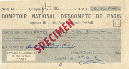 1957 Chèque "Specimen" Banque Comptoir Escompte De Paris / Support Formation ? - Zonder Classificatie