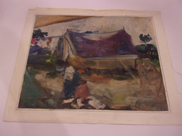 OLGA OLBY  Beasley 1900/1990  SUR TOILE SCENE TENTE HOMME  FEMME AU CHAPEAU NON SIGNEE MOLDAVIE LARMOR BADEN - Autres & Non Classés