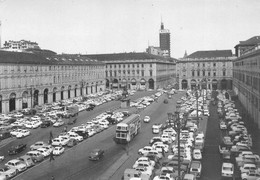 011851 "TORINO - PIAZZA SAN CARLO " AUTO ANNI '50/60 E AUTOBUS DI CITTA'  A DUE PIANI. CART. ILLUSTR. ORIG. NON SPED. - Places