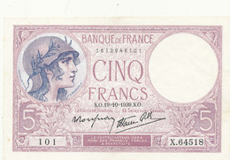 BILLET  BANQUE DE FRANCE  CINQ FRANCS  19/10/1939 - 5 F 1917-1940 ''Violet''
