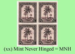 1942 ** BELGIAN CONGO / CONGO BELGE = COB 232 MNH LILAC PALM TREE : BLOC OF -4- STAMPS WITH ORIGINAL GUM - Blocchi