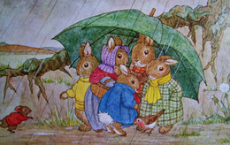 Cpa  LAPIN Humanisé  , LAPINS SOUS UN PARAPLUIE  Margaret TEMPEST , SHELTER FROM THE RAIN RABBIT - Geklede Dieren