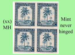 1942 ** BELGIAN CONGO / CONGO BELGE = COB 253 MNH CLEAR BLUE PALM TREE : BLOC OF -4- STAMPS WITH ORIGINAL GUM - Blokken