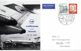 56426 - Bund - 1965 - 25Pfg Neumann&15Pfg Kl.Bauten PGALpKte "Lufthansa" SoStpl HAMBURG - ... LUFTHANSA ... -> USA - Avions