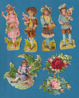 Chromo Decoupis Divers Enfants  Petits Garçons Et Filles  11 Cm Fleurs En Bel état 1890 - Children