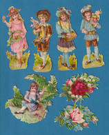 Chromo Decoupis Divers Enfants  Petits Garçons Et Filles  11 Cm Fleurs En Bel état 1890 - Infantes