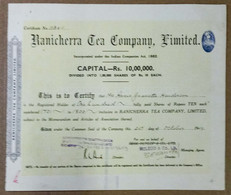 INDIA 1948 RANICHERRA TEA COMPANY LIMITED, TEA GARDEN, TEA ESTATE, SHARE CERTIFICATE - Agricultura