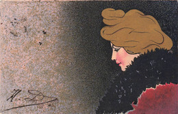 CPA Illustrateur - Femme Avec Cheveux Dorés Et Col En Fourrure Noir - Style Art Nouveau - Altri & Non Classificati