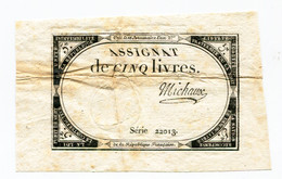 France, Assignat De Cinq Livres, , 10 Brumaire De L'An II (31 Octobre 1793), N° : Série 22013., TTB (VF), Ass-46a, P-A76 - ...-1889 Circulated During XIXth