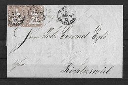 1854-1862 HELVETIA / STRUBEL (Ungezähnt) → Faltbrief Von Zürich Nach Richtersweil     ►SBK-22B3.V Im Paar◄ - Storia Postale