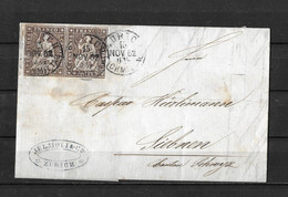 1854-1862 HELVETIA / STRUBEL (Ungezähnt) → Faltbrief Von Zürich Nach Siebenen    ►SBK-22B4.V Im Paar◄ - Storia Postale