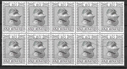SAN MARINO - 1974 - ARMI ANTICHE -LIRE 80 - ELMO - BLOCCO DI 10 USATO ( YVERT 871 - MICHEL 1065) - Used Stamps