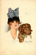 Mode * CPA Originale Peinte à La Main ! Illustrateur Mary Rose * Femme Chien Dog Teckel ? * Chapeau Hat Coiffe - Moda