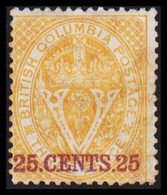 1869-1871. BRITISH COLUMBIA & VANCOUVER ISLAND. 25 CENTS 25 On V & Crown THREE CENTS. Perf. 14. Microscopi... - JF528311 - Unused Stamps