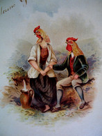 Jolie CARTE CHROMO XIX °  OISEAUX HUMANISES, COQ COURTISANT Une POULE  , VICTORIAN DRESSED HEN & ROOSTER A/s C WHITE - Animales