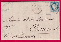 N°60 CURIOSITE CAD TYPE 17 CLAIRAC + CASSENEUIL SUR TIMBRE APPOSE A L'ARRIVEE LETTRE COVER - War 1870
