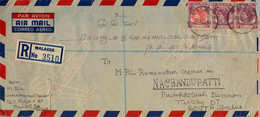 1954 , MALASIA , SOBRE CERTIFICADO MALACCA - NACHANDUPATTI , VIA SINGAPORE , LLEGADA AL DORSO , CORREO AÉREO - Malacca