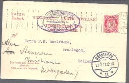 STATIONERY  1911  CRISTIANIA A GRONINGEN - Enteros Postales