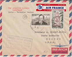 1960 - ENVELOPPE 1° LIAISON AERIENNE Par CARAVELLE AIR FRANCE (ETIQUETTE !)  PARIS - VARSOVIE (POLOGNE) - MOSCOU (URSS) - Eerste Vluchten