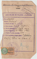 5997 Passeport ? Boursier Du Gouvernement Français Ambassade France à Karachi Timbre Fiscal Affaires étrangères GRATIS - Documents Historiques