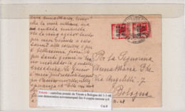 TRIESTE-CARTOLINA POSTALE DA TRIESTE A BOLOGNA DEL 1-1-48 CON DEMOCRATICA LIRE 4 COPPIA - Marcofilía