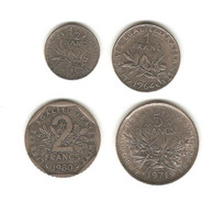 230/ France : Lot Semeuse : 1/2 Franc 1984 - 1 Franc 1964 - 2 Francs 1980 - 5 Francs 1971 - 1/2 Franc