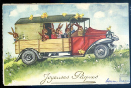 Cpa Illustrateur Hannes Petersen Joyeuses Pâques Lapins Poussins Dans Un Camion  Aout22-115 - Petersen, Hannes