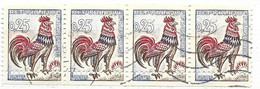 FRANCE N° 1331 0.25 OUTREMER CARMIN ET BRUN TYPE COQ PETIT PIQUAGE A CHEVAL EN BAS BANDE DE 4 OBL - Used Stamps