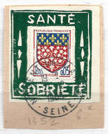 FRANCE N° 1352 0.05 ROUGE BLEU ET JAUNE BLASON D'AMIENS PORTE TIMBRE SANTE SOBIRETE OBL - Usados